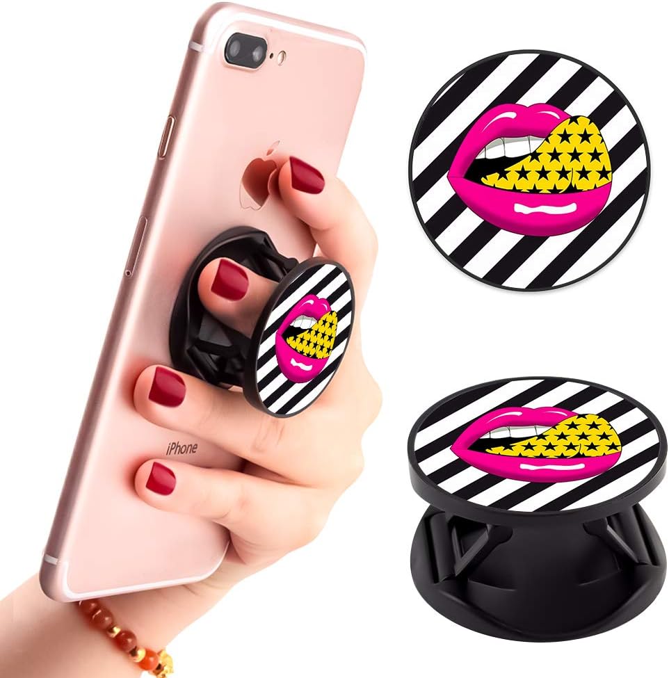 Red Lips Stripes Art Phone Finger Foldable Expanding Stand Holder Kickstand Hand Grip Car Mount Hooks Widely Compatible with Almost All Phones/Cases