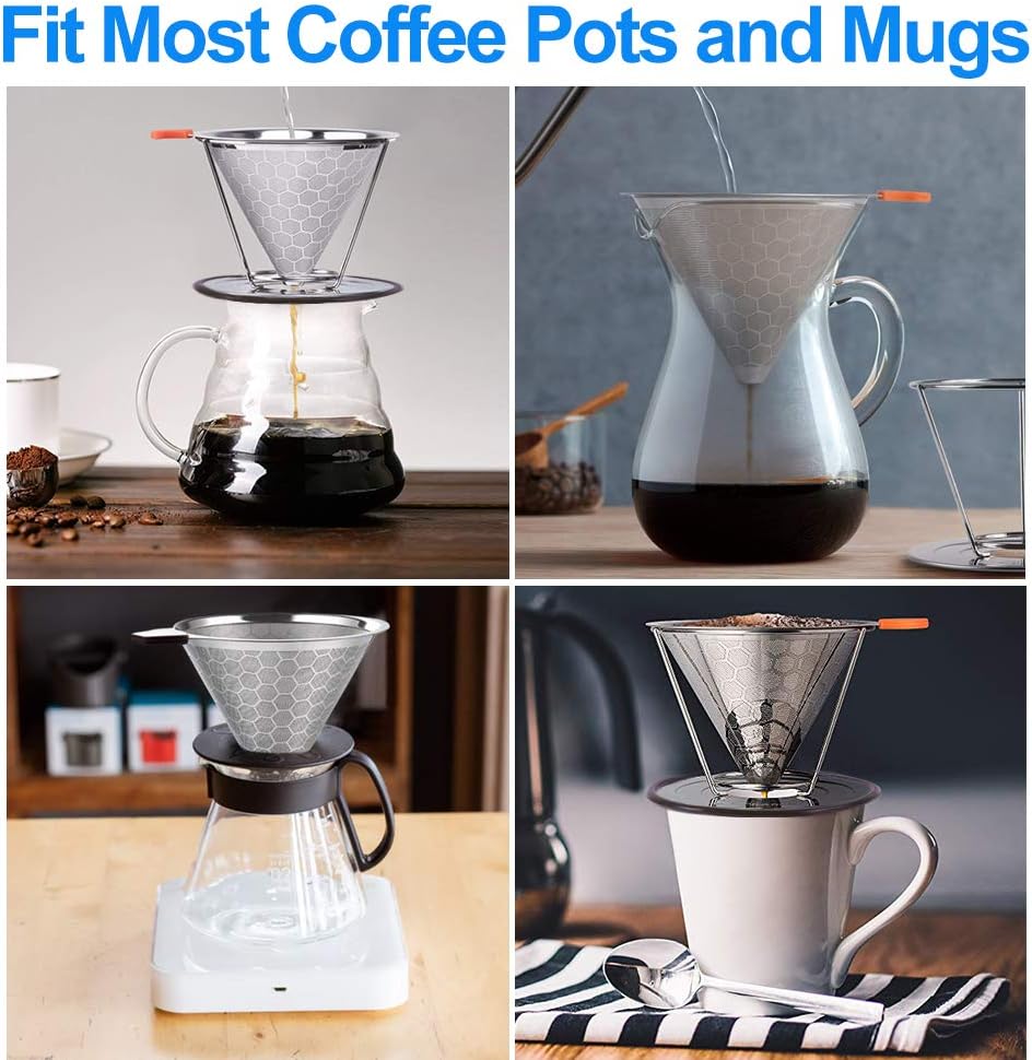 Pour Over Coffee Maker Kit with Coffee Dripper, Reusable Stainless Steel Filter, Heat Resistant Borosilicate Glass Carafe 600ml and Silicone Handle