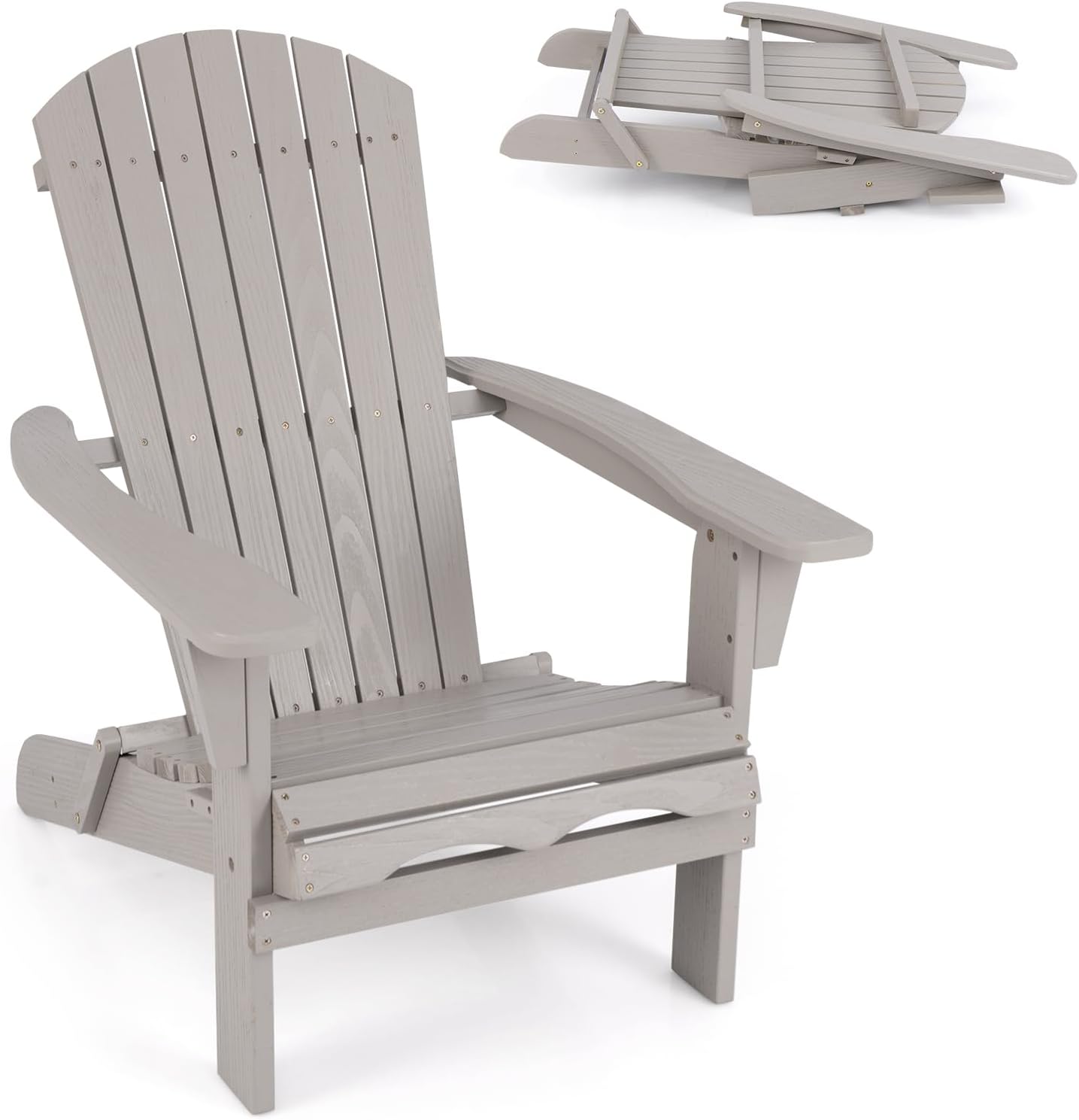 Giantex Foldable Adirondack Chair, Folding Front Porch Chairs with High Back, Wide Armrests, 400 LBS Max Load, Weather Resistant Wooden Fire Pit Chairs for Outdoor, Lawn, Poolside (1, Grey)