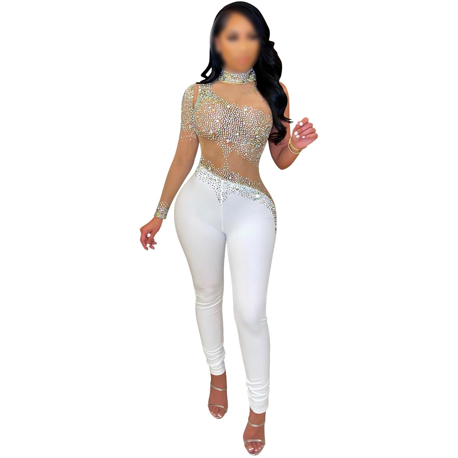 Ewyrjyh Women's Natural Sexy Cutout Rhinestone Bodysuit One Shoulder Bodycon Party Long Jumpsuits Romper(,S)