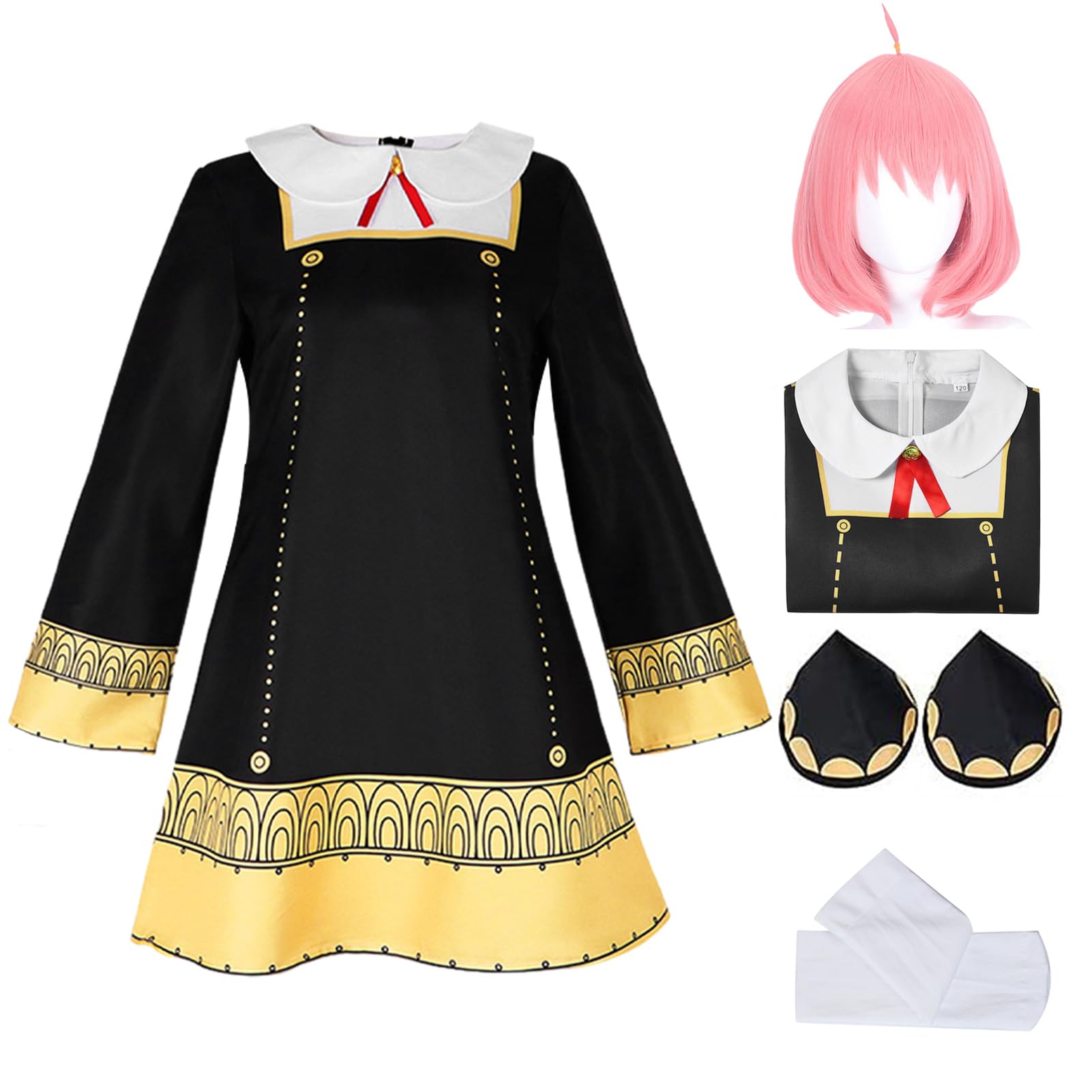 Ansamy Anime Spy Family Anya Forger Disfraz de Cosplay para Mujeres y Niñas, Vestido Negro Uniforme Kimono Vestir con Tocado y Calcetines y Rosa peluca para Fiesta de Halloween Carnaval