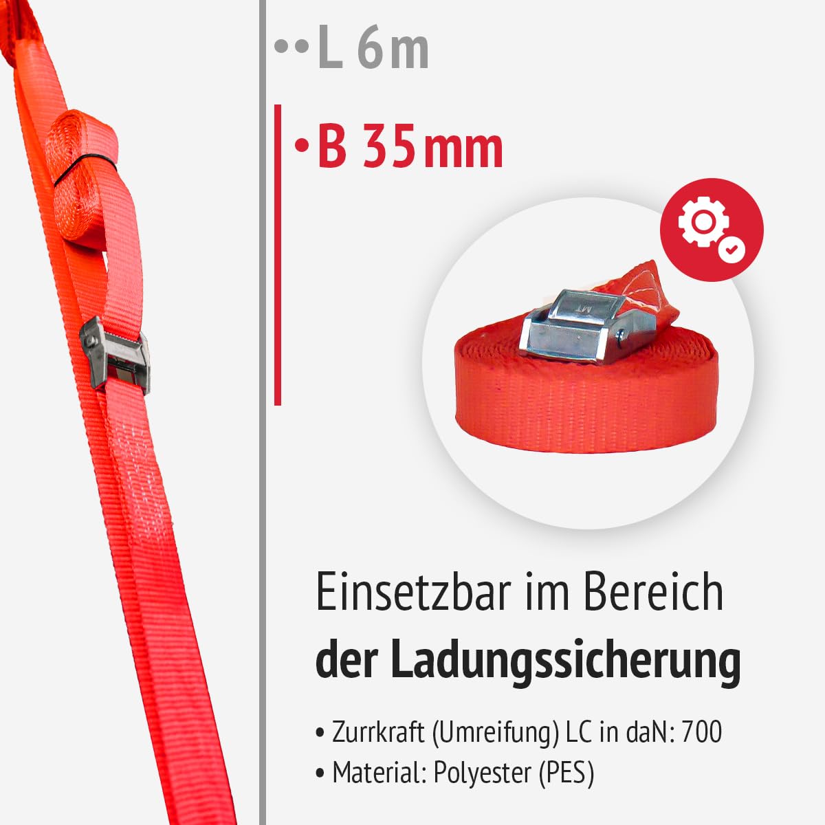 Klemmschlossgurt 35 mm | Länge 6,0m | einteilig | Set | LC 700 daN | Farbe rot | Klemmschlossgurt zur Ladungssicherung | für LKW, Anhänger und Kleintransporter (10)