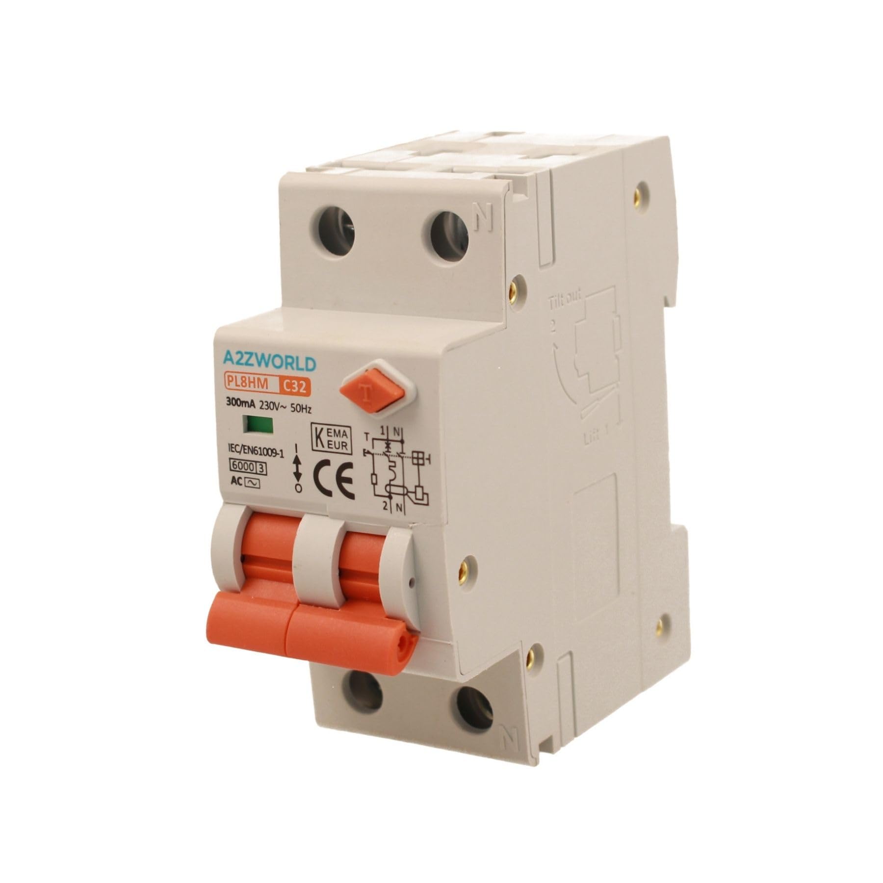 Interruptor magnetotérmico diferencial 300 mA 32 A C32, RCBO tipo AC curva C, salvavidas 1P+N 6000 A, ocupa 2 módulos DIN