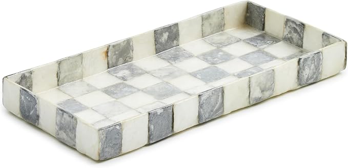 MACKENZIE-CHILDS Capiz Vanity Tray, Rectangular Tray Decor, Gray-and-White Sterling Check