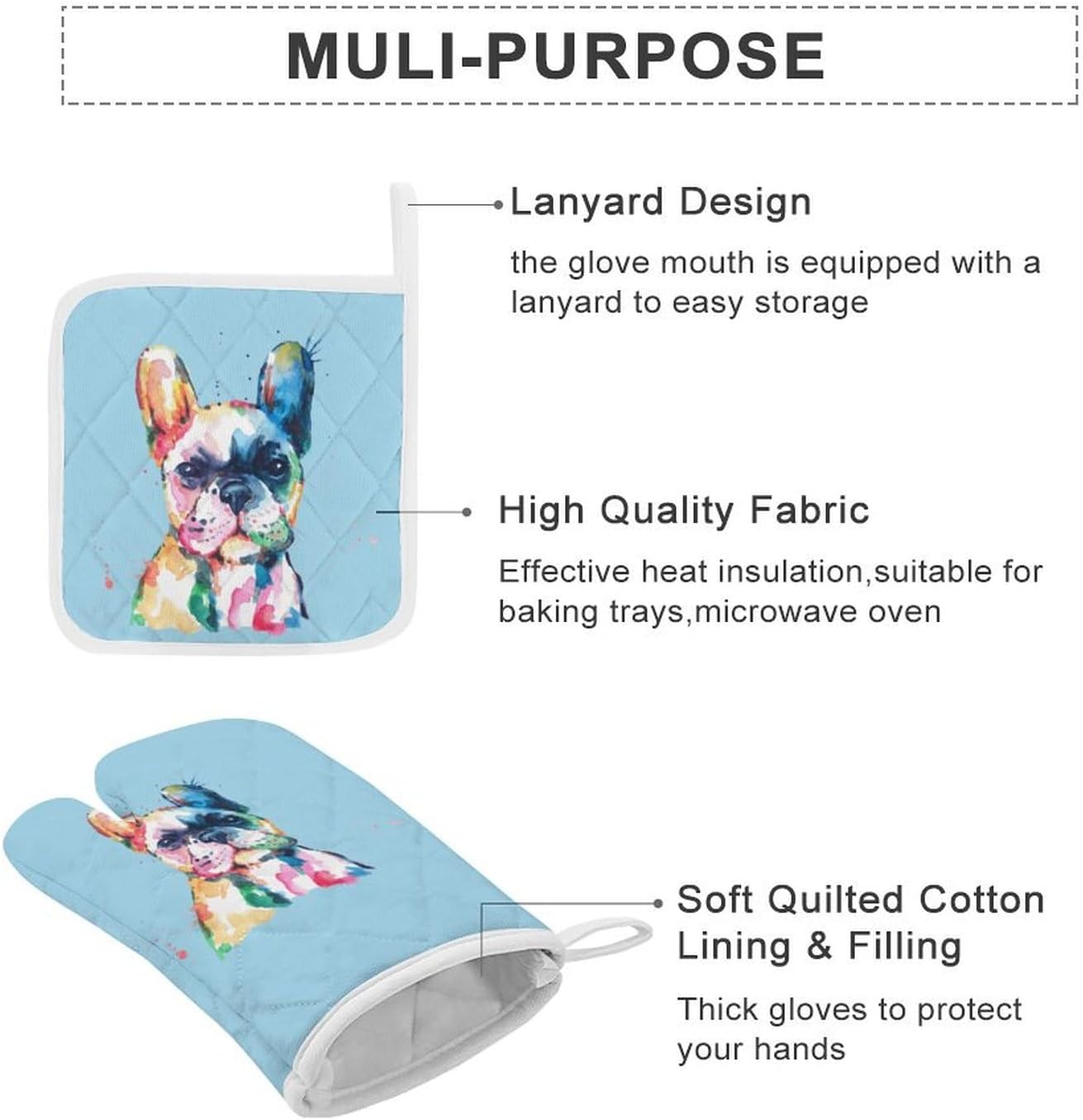 Watercolor French Bulldog Print Oven Mitts and Pot Holders 3 Piece Sets Heat Resistant Gloves Hot Pads Potholders for Kitchen Baking Cooking