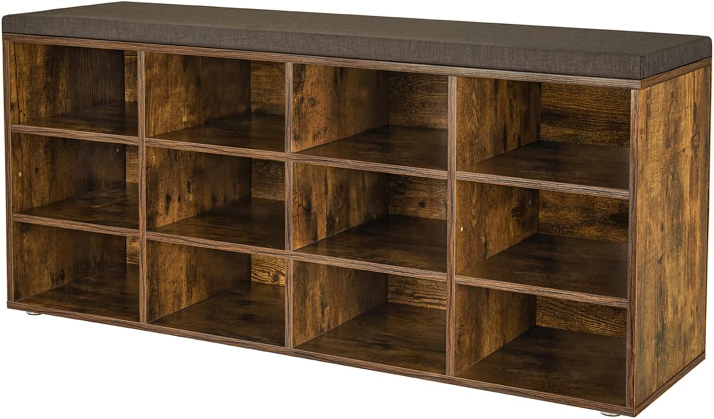 DINZI LVJ Shoe Storage Bench with Cushion, Cubby Shoe Rack with 12 Cubbies, Adjustable Shelves, Multifunctional Shoe Organizer Bench for Entryway, Mudroom, Hallway, Closet and Garage, Rustic Brown 12 Cubby Rustic Brown