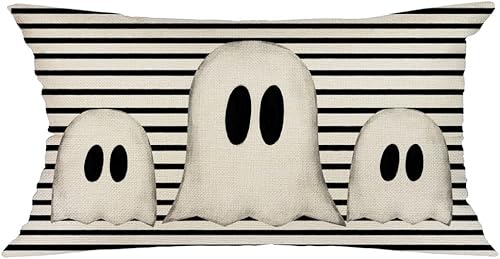 GEEORY Funda de almohada de Halloween de 12 x 20 pulgadas, funda de almohada lumbar de rayas fantasmas para decoración de Halloween, almohadas de
