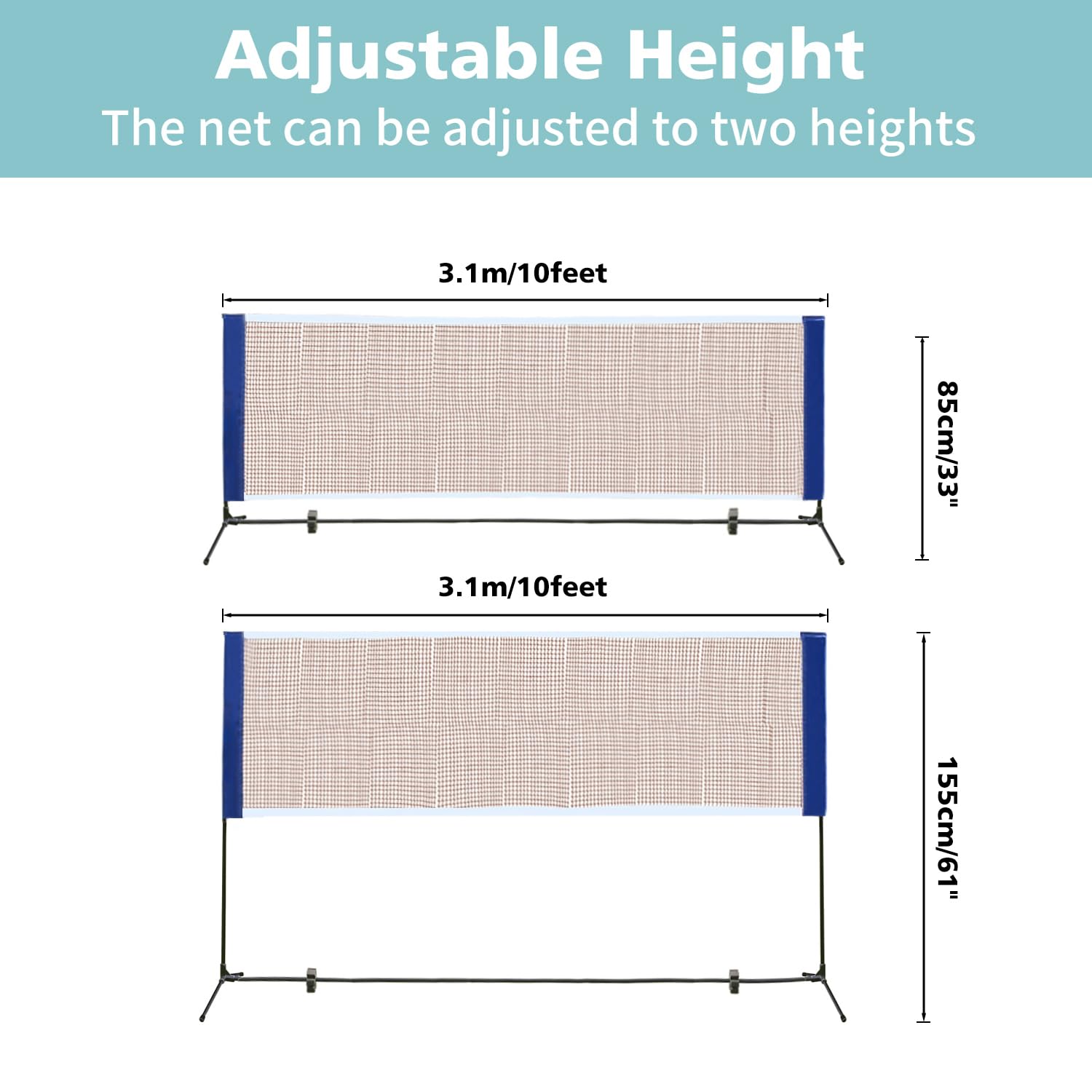 ICSPOID Badminton Pickleball Net Height Adjustable Volleyball Net Easy Setup Foldable Nylon Net for Backyard Game and Indoor Outdoor Use 10 ft/14ft/17ft/20ft Wide