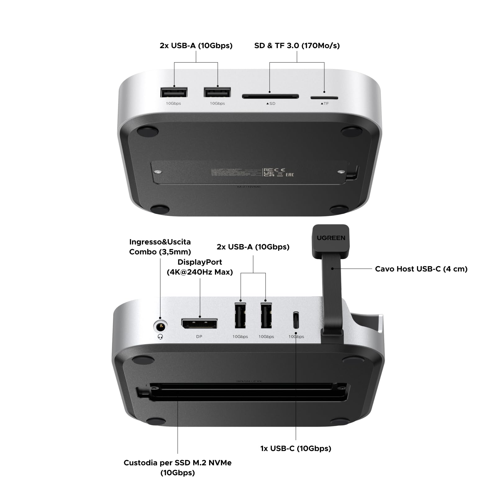 UGREEN Docking Station Hub USB C e Supporto per Mac Mini M4 e M4 Pro | 10 in 2, con Boîtier M.2 NVME SSD, DisplayPort 4K 240Hz 144Hz, 5 Porte USB 4A1C 10Gbps, Lettore di Schede SD TF, 3.5mm Aux