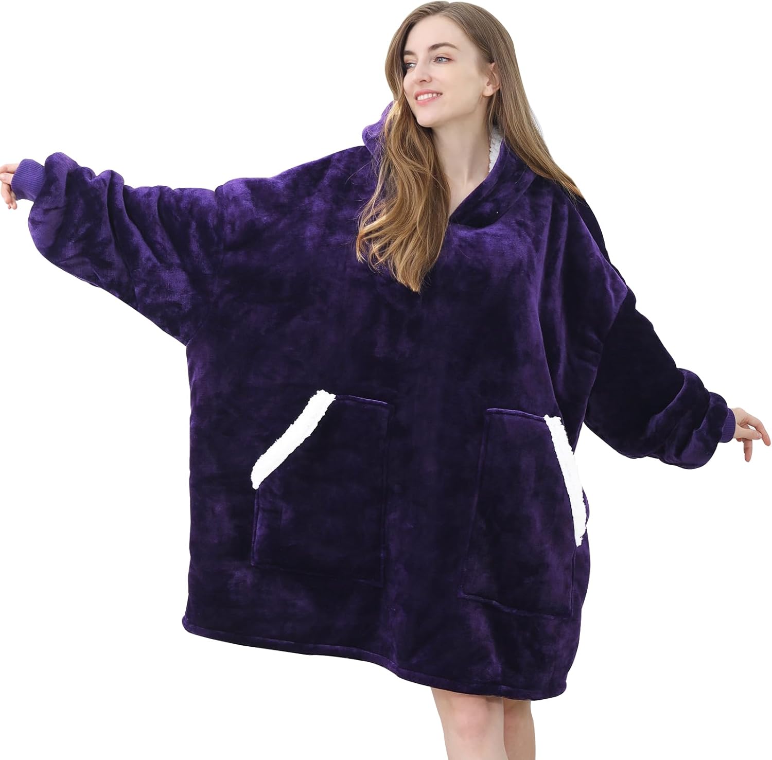 Kipswiza Dark Purple Wearable Blanket Hoodie - Comfy Sherpa Fleece Oversized Hooded Blankets Sweatshirt Gifts for Her Teens Adult Men Women - Image 6