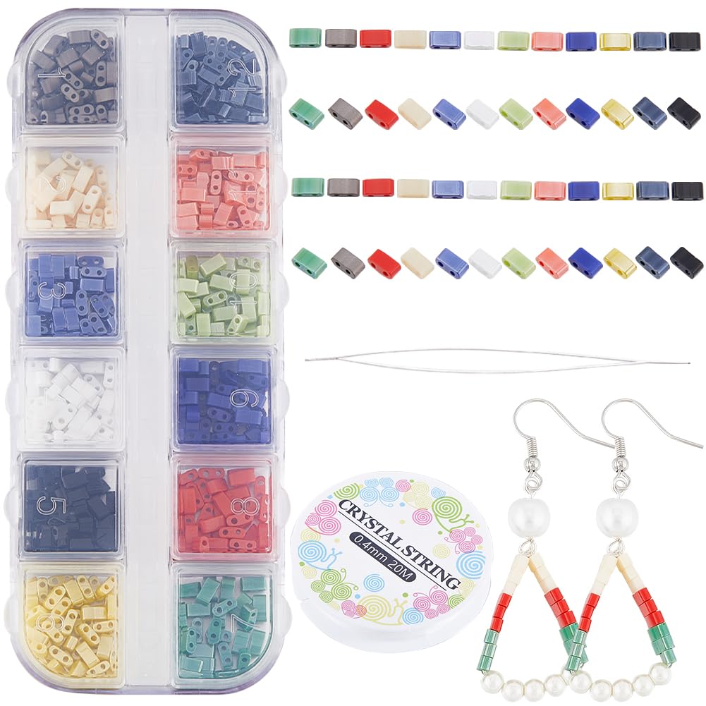 CREATCABIN Lot De 600 Perles Demi-Tila à 2 Trous, 12 Couleurs, Mélange De Perles De Rocaille En Verre, Rectangulaires, Mini Aiguilles à Perler Carrées Opaques, Fil élastique Pour Loisirs Créatifs