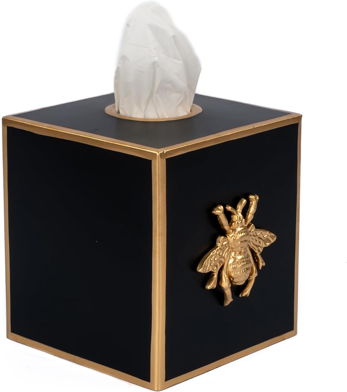 Jaye’s Studio Metal Decorative Tissue Box Holder for Bathroom, Square Tissue Box Cover, Luxury Farmhouse Gold Accessories Bee Detail, Luxury Facial Tissue Holder Desk & Bathroom Decor 6”x5”x5” (Black)