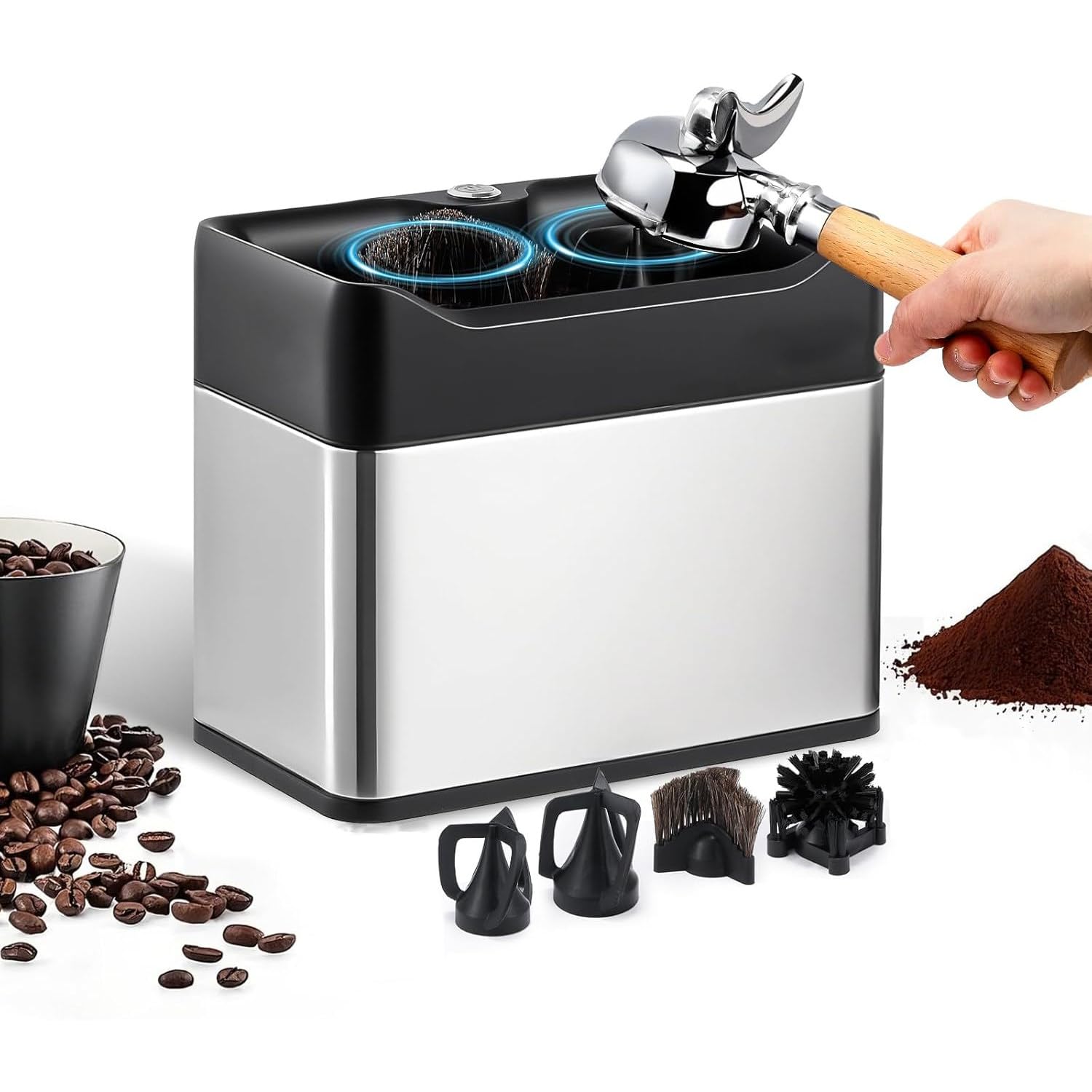 GLBMXDD Electric Portafilter Cleaner,Automatic Portafilter Cleaning Machine with 2 scrapers designed to fit 58mm single, and 58mm double cup portafilter baskets for Home or Commercial Coffee Bar