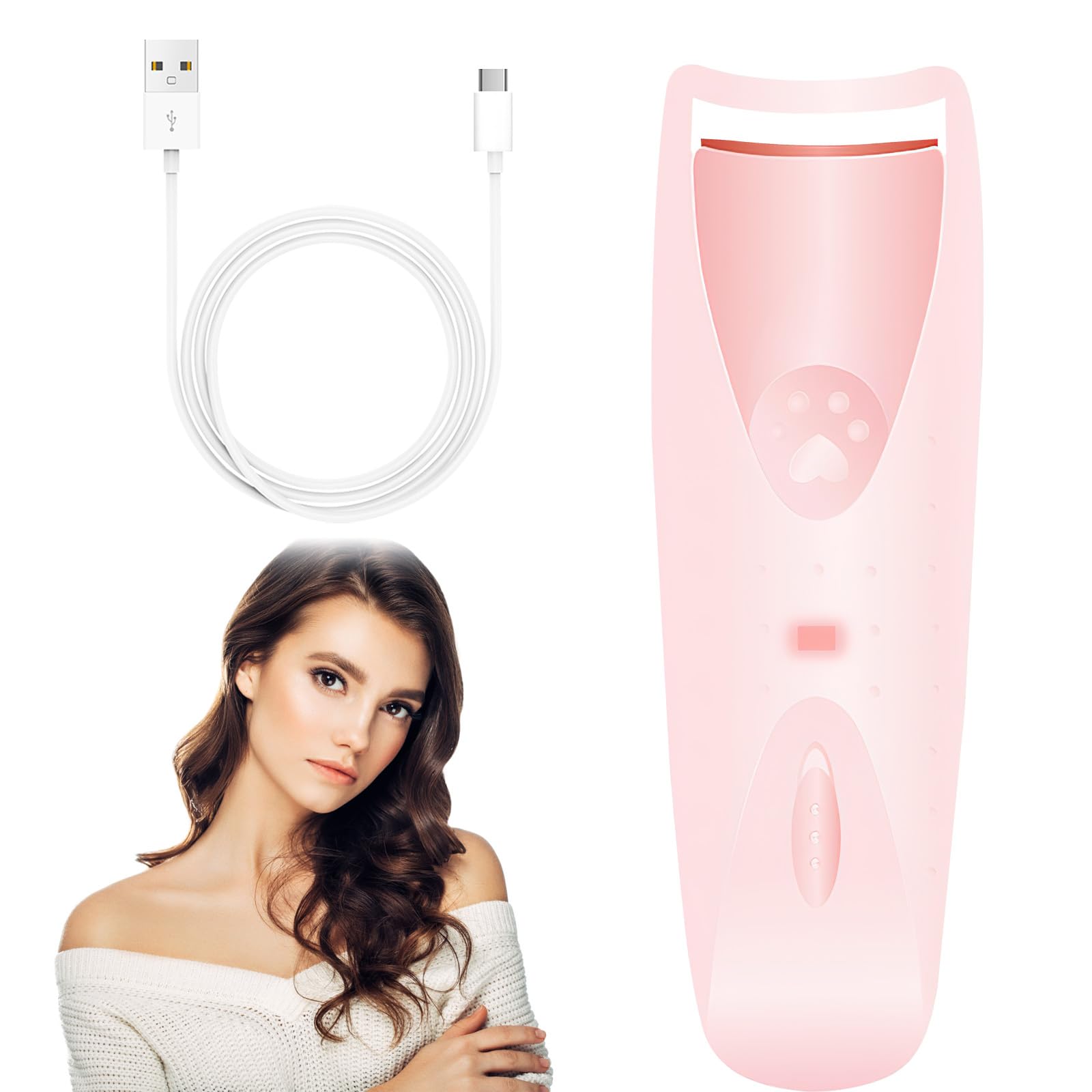 DAWRIS Rizador de pestañas con calefacción profesional Carga Tipo-C con almohadilla de repuesto de silicona herramienta de rizado para mujeres de larga duración natural (Rosa)
