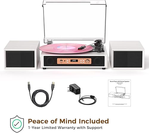 Miniatura 11 de Tocadiscos Bluetooth con altavoces estéreo integrados y externos, tarjeta USBTF y grabación de PC, tocadiscos vintage de 3 velocidades con salidas