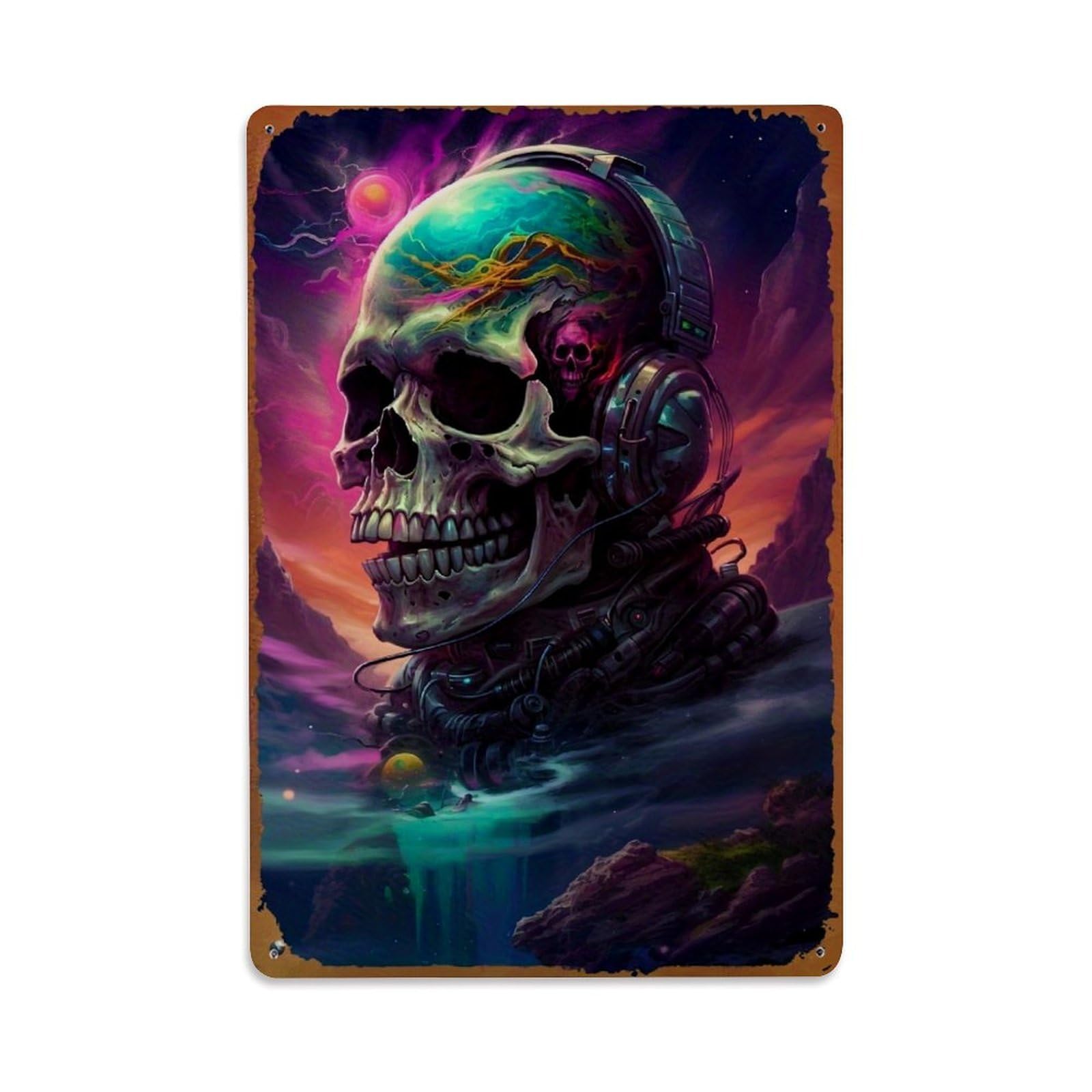 Jdfenggu Vintage Skull Wearing Headphones In Space Retro Metal Tin Sign, Metal Poster For Bar, Home, Man Cave, Kitchen, Laundry Room Art Decor 8X12 Inch