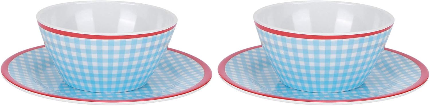 Blue Grid Pattern Salad Bowl and Dish Set, 4Pcs Imitation Porcelain Tableware, Snack Plate Dessert Dish Pastry Tray, Includes 2 Bowls and 2 Plates, and