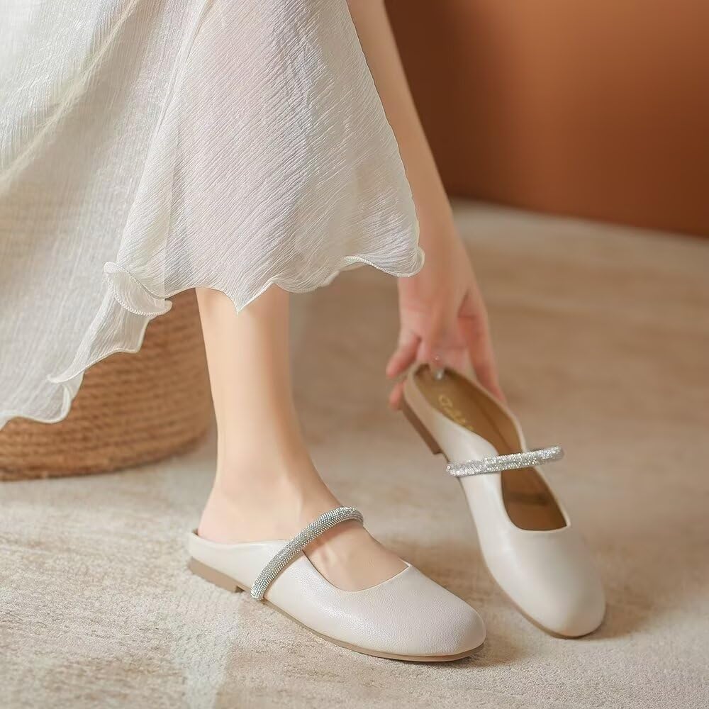 VFDB Women Mules Elegant Dressy Flats Closed Toe Microfiber Leather Shoes Adjustable Buckle Strap Mary Jane Casual Office Shoes
