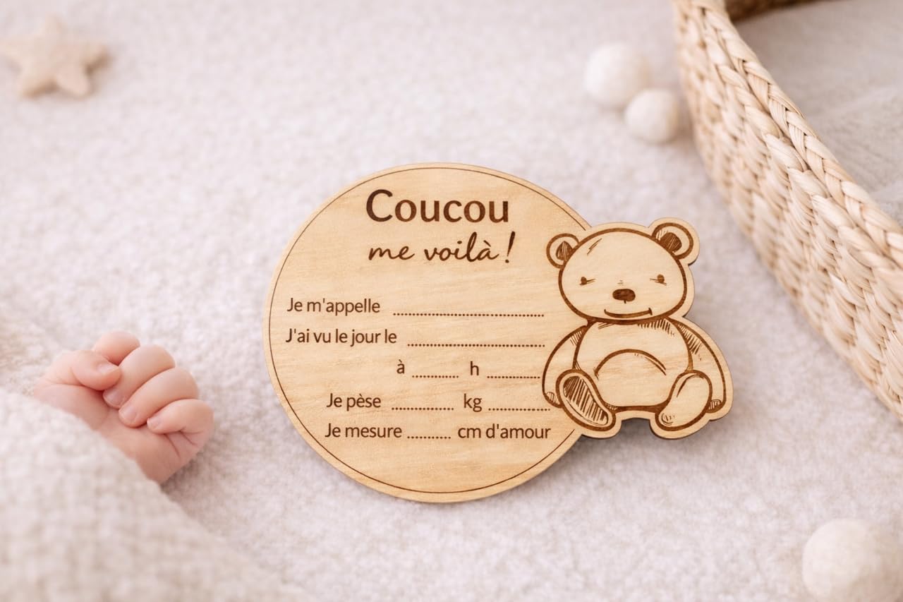 Carte bienvenue annonce naissance et prénom bébé en bois en francais - Disque prénom bébé, date, heure, poids et taille - Accessoire pancarte photo nouveau-né, souvenir maternité