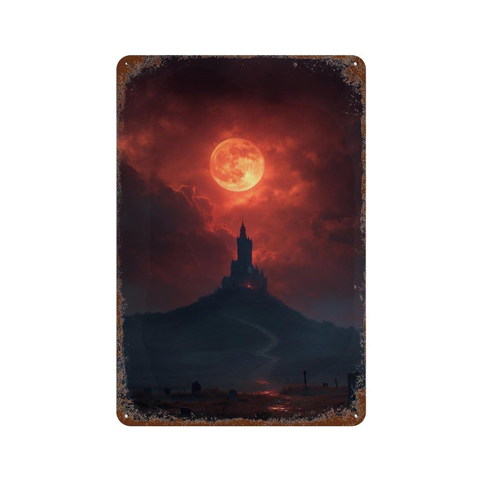 Moonlit Gothic Castle Scene Vintage Metal Tin Sign 11.8"x7.9", Farmhouse Wall Decor for Patio, Garden Room And Bar Decor