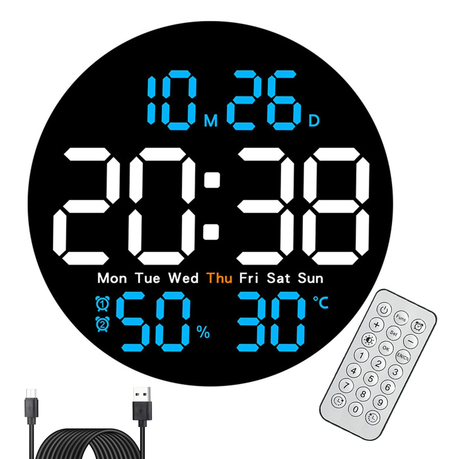 Reloj de pared con indicador de humedad y temperatura (negro y azul)
