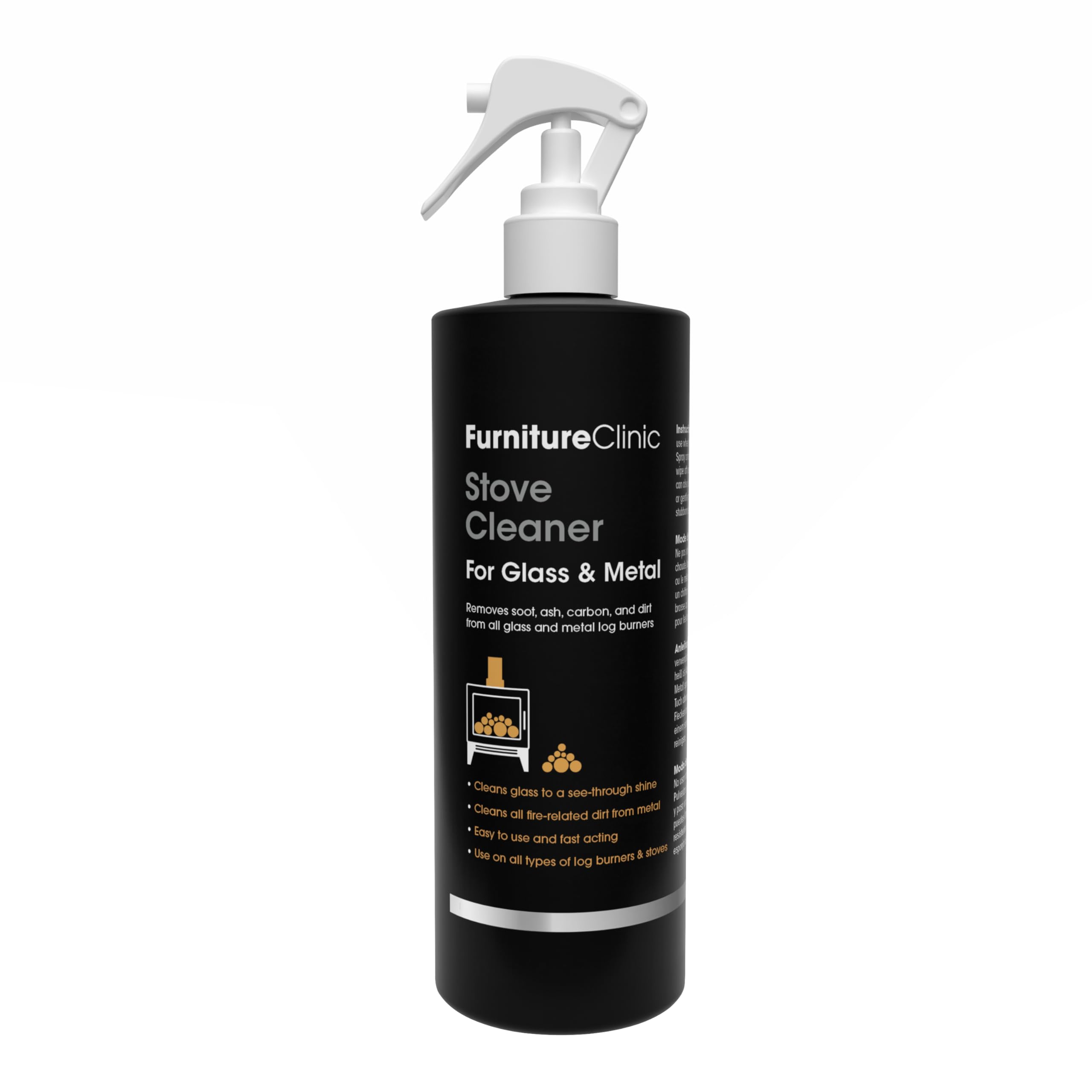 Furniture Clinic Stove Glass & Metal Cleaner - For Log Burner and Fireplace Glass Doors - Removes Soot, Dirt & Ash - Instant Results - 500ml / 17oz