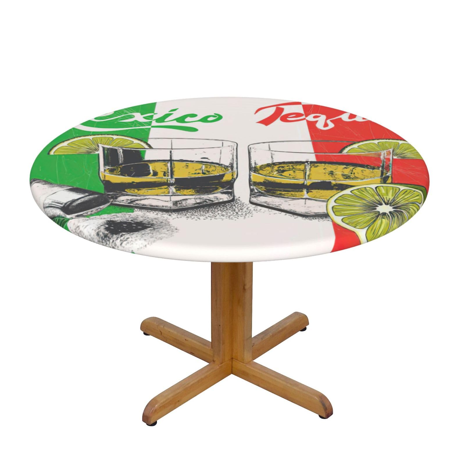 DUWAA Mexico Flag And Tequila Print Oxford Fitted Table Cover For Patio Picnic, Waterproof Round Tablecloth For Home And Outdoor