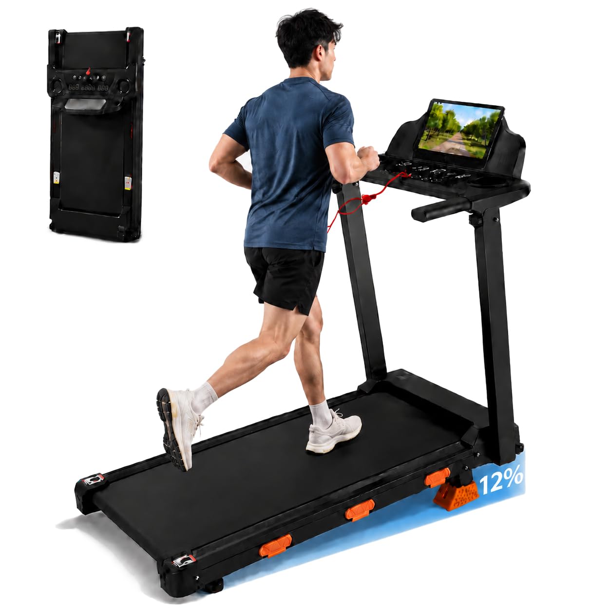Cinta de Correr Plegable con Inclinación 12%, Máquina de Correr 12 km/h para Casa, Motor 3.0HP Brushless, Cinta de Andar con Pantalla LED, Soporta 156 kg, Walking Pad para Caminar y Correr
