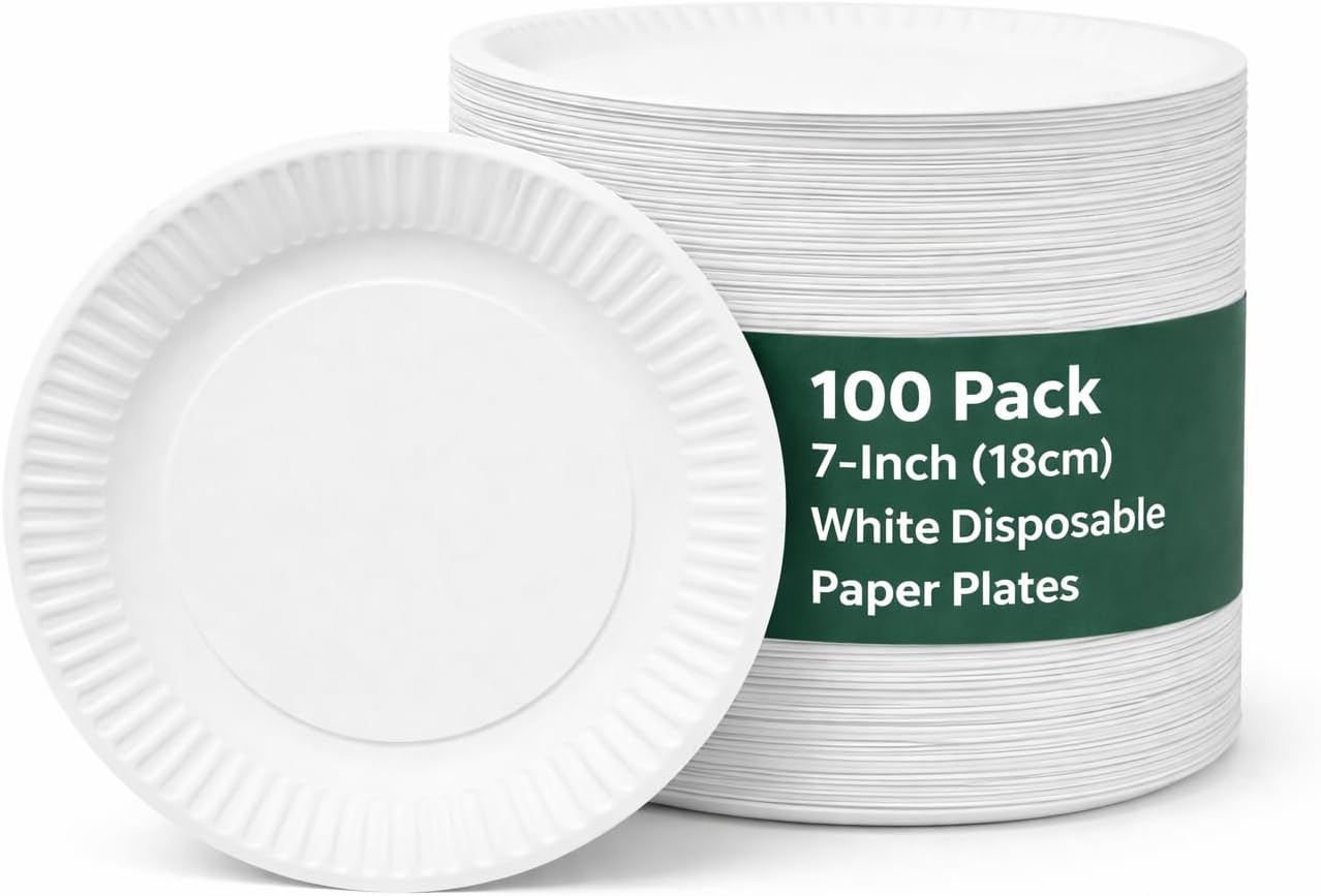 100 Pack of 7-inch Disposable Paper Plates, 18cm White Paper Plates Perfect for Everyday use, Ideal for BBQ's, Parties and Events.