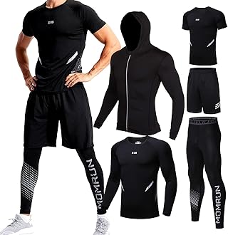 BOOMCOOL5Pcs Gym Clothes Men Tracksuit Sets Running Wear Compression Shirts Sleeve Tops Jackets Long Suits Leggings Shorts Sports Activewear for Athletic