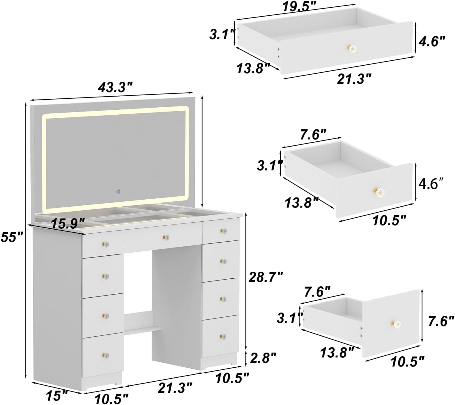 Vanity Desk with Mirror and Lights, Glass Top Makeup Vanity with 9 Drawers, Dressing Table with Large Lighted Mirror, Crystal Handles, White, 43.3”W x 15.9”D x 55”H