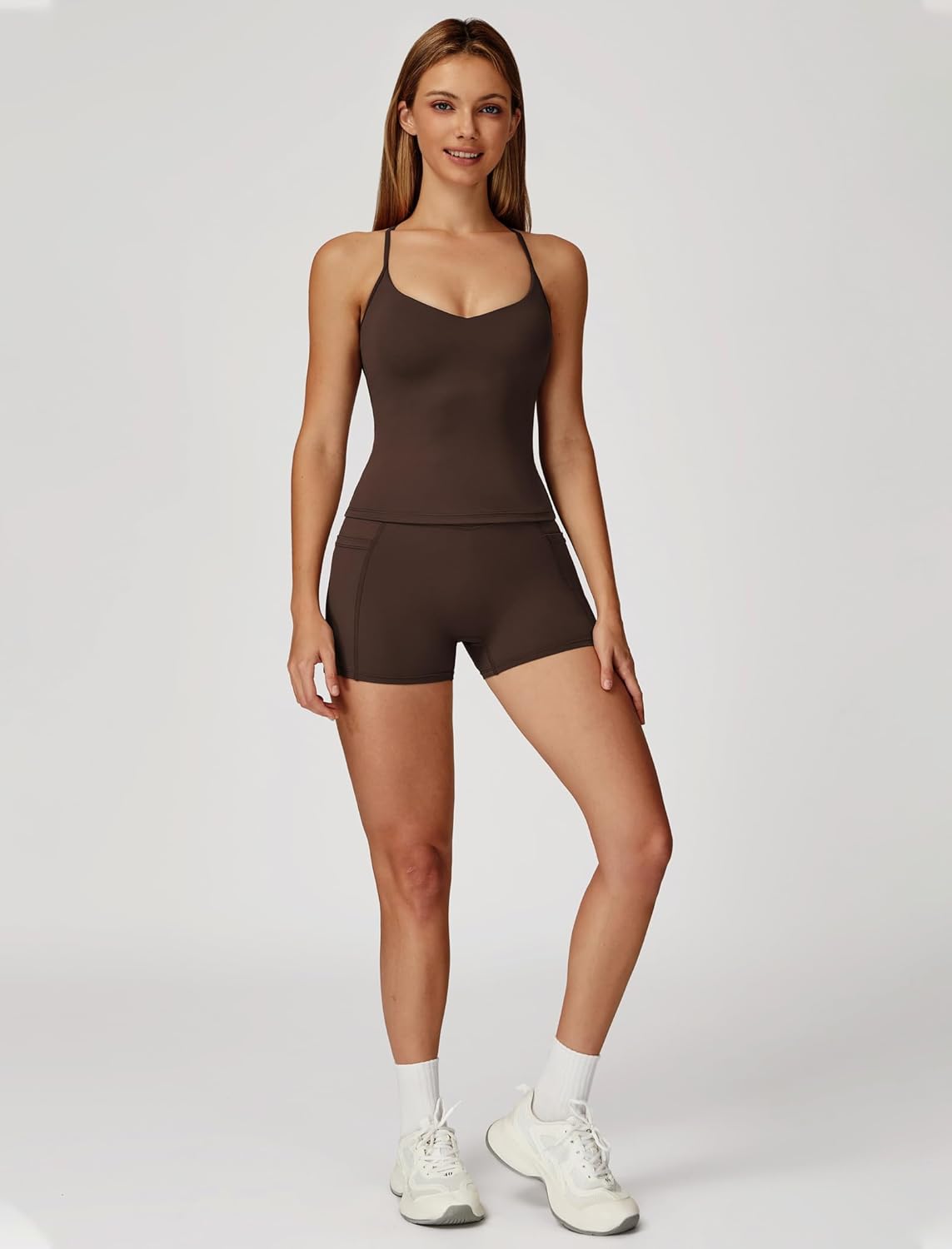 Women 2 Piece Workout Sets Padded Criss Cross Back Crop Tank Tops Tummy Control Biker Shorts Yoga Outfits with Pocket - Image 5