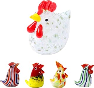 Set of Five Glass Blown Rooster Figurines - Handmade Blown Glass Chicken Collectible Ornaments, Colorful Art Figurines for Tabletop Display or Farmhouse Decor