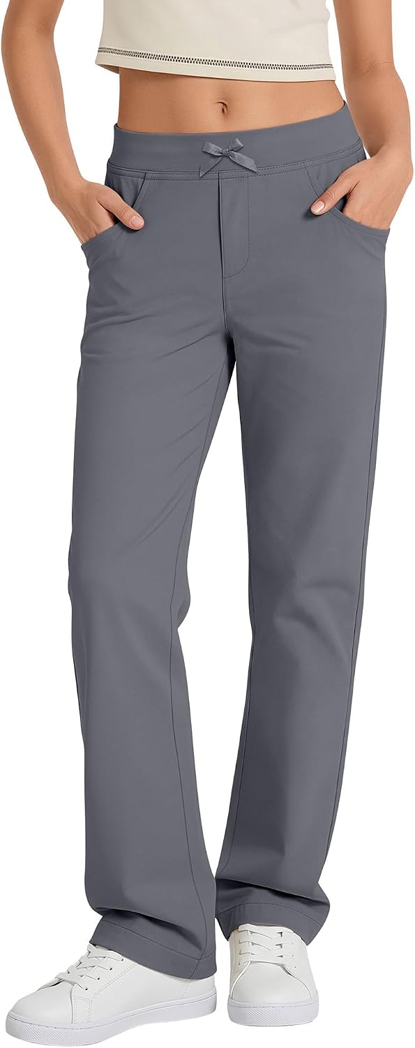 Girls School Uniform Pants Kids Pull On Straight Leg Stretchy Elastic Waist Bow Trousers with Pockets 5-14 Years