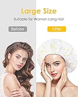 Vista 20 de Auban Gorro de ducha, gorro de ducha para mujer, forro de tela de rizo, EVA, exterior, reutilizable, doble capa, impermeable, gorra de baño grande