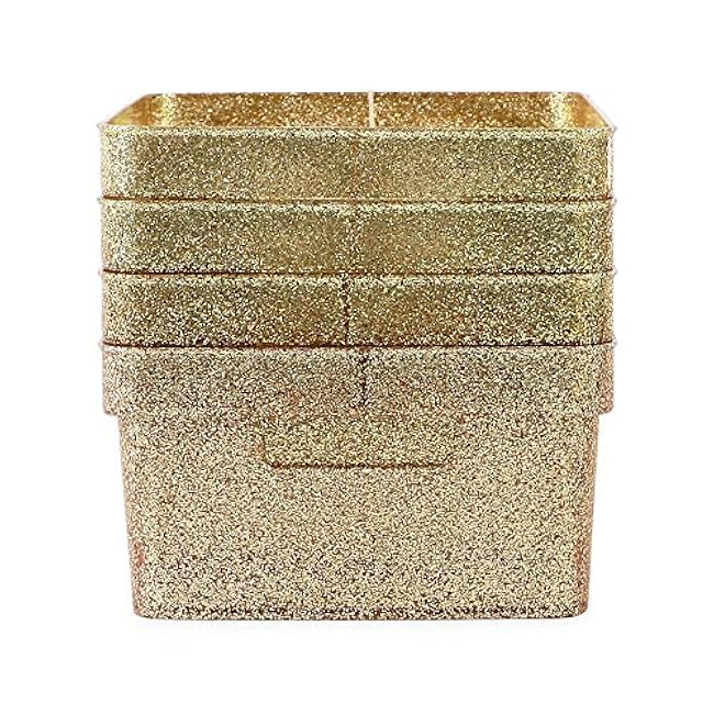 Isaac Jacobs Small Glitter Storage Bin (10¡± x 7.5¡± x 4.25¡±) Set w/Cut-Out Handles, Plastic Organizer, Multi-Functional, Home Storage Solution, Kids Playroom, Bedroom, Closet (4, Gold)