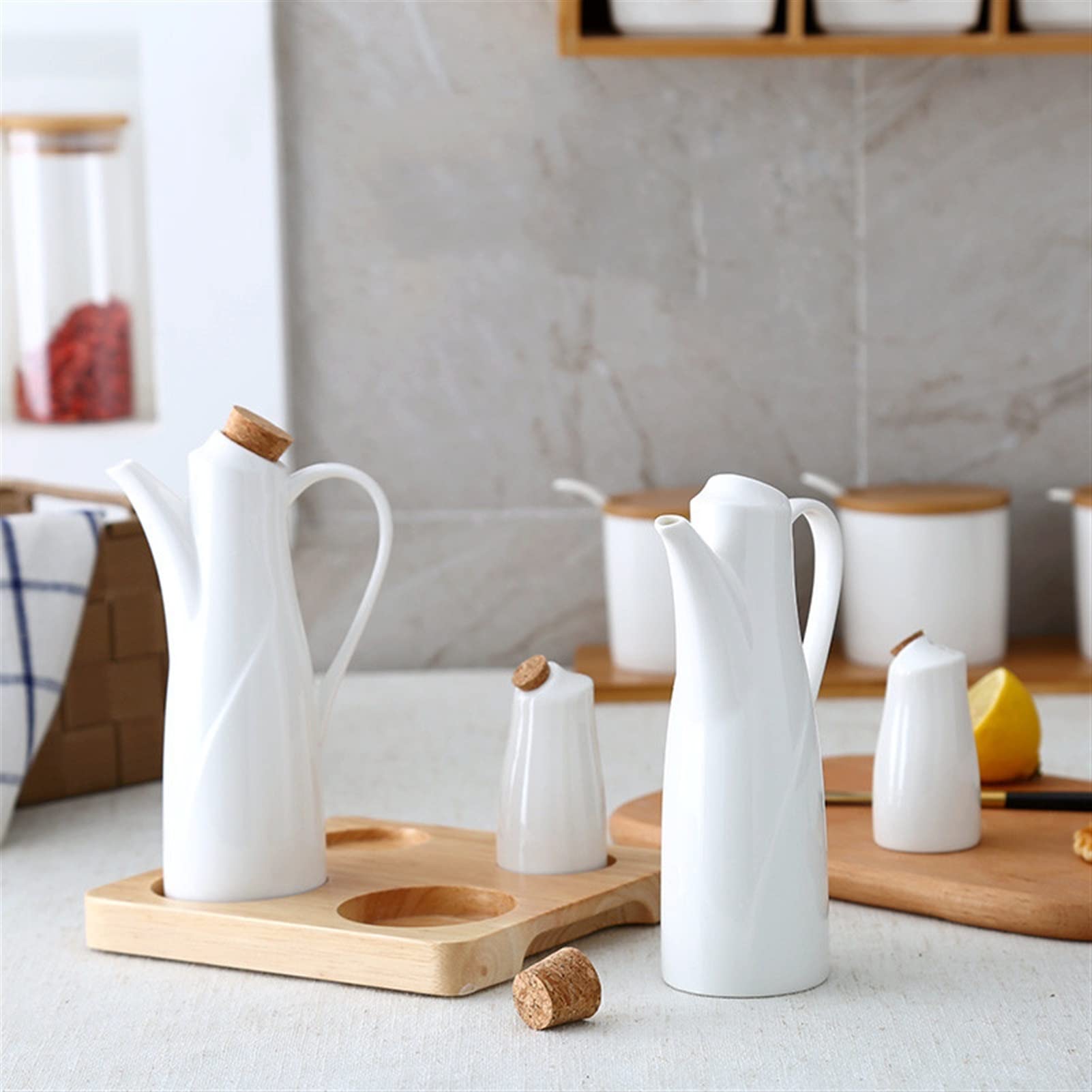 Essig Ölspender Keramik Salzpfeffer Öl Flasche Set Japan Stil Porzellan Olive Soja Gewürz Home Öl Essig Flaschen Küchenkochwerkzeuge Olivenöl-Spenderflasche (Color : 1 Set4)