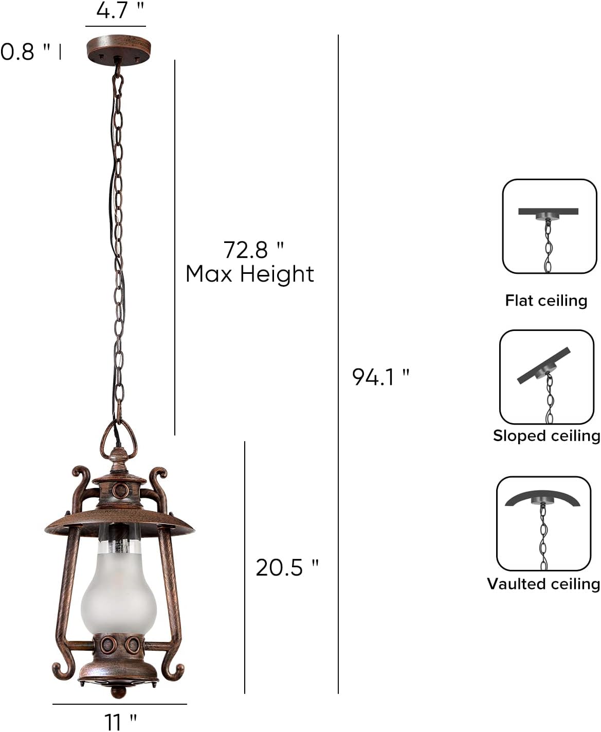 GZBtech Indoor Outdoor Ceiling Hanging Light, 110V Exterior Rust Red Finish Old-Fashioned Pendant Lighting with Frosted Glass Shade for Kitchen Over Table Front Porch Garage Patio Hallway, ETL Listed