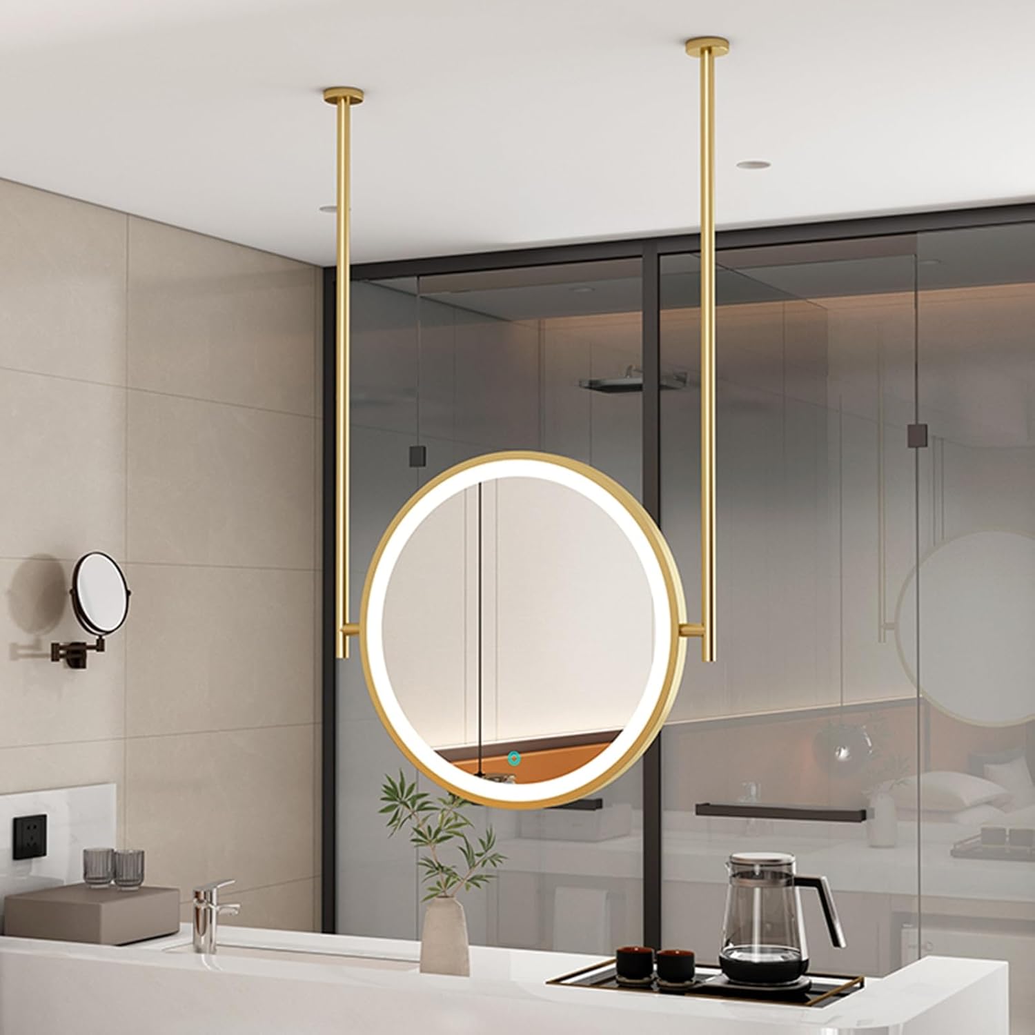 天井取り付けバスルームミラー、LEDラウンドライト付きミラー、ゴールドメタルフレーム、ホームホテル吊り下げ式化粧台メイクアップミラー