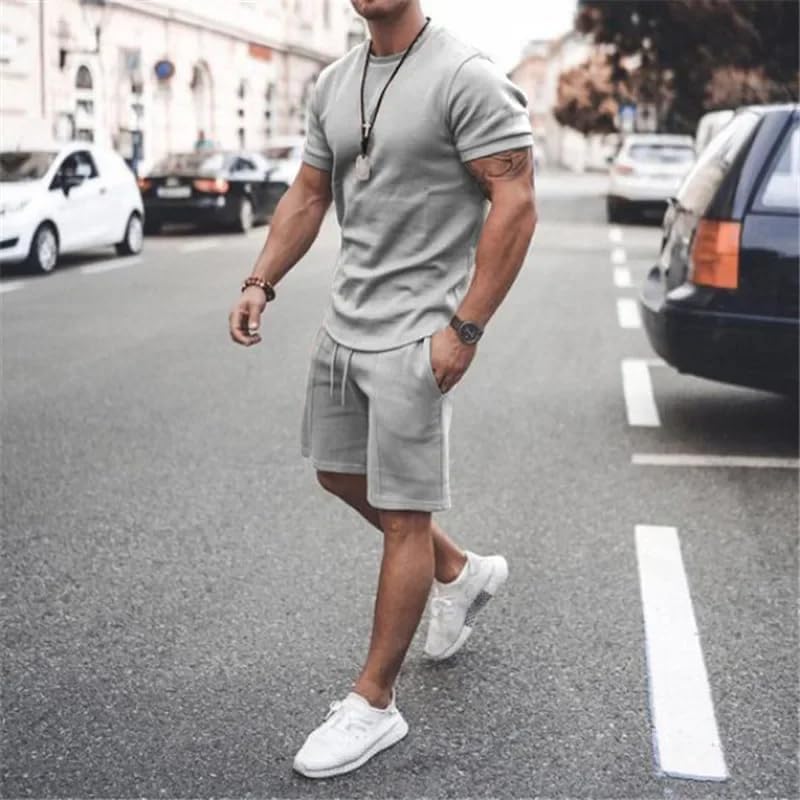 Men's Shirt and Shorts Set 2 Piece Outfits Fashion Summer Tracksuits Casual Sportwear Set X-Large Light Grey image 4 of 4 B0DMF524D5