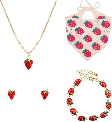 Strawberry Headband/Necklace/Earrings/Bracelet Jewelry Set, Cute Strawberry Accessories Gifts for Her, Crochet Bandana for Women and Fruit Charm Jewelry Birthday Gifts for Women Her