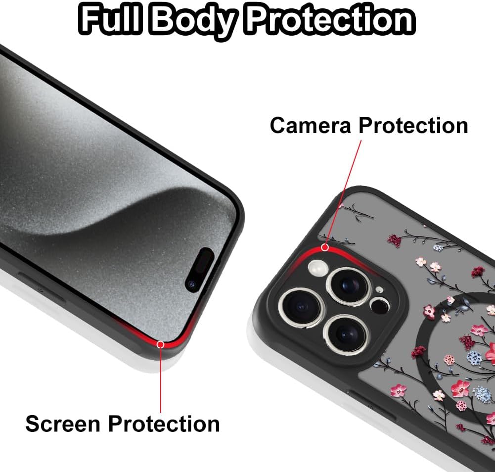 Magnetic Case Designed for iPhone 15 Pro,Red Floral Flower image 3