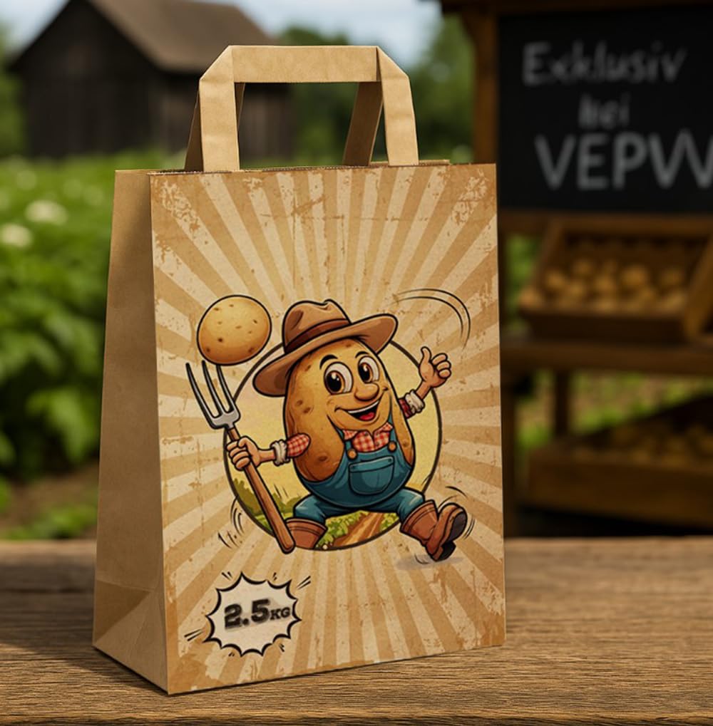 750 Papiertragetaschen Kartoffeln 2,5kg Papiertaschen Fröhliche Knolle Papiertüten Flachhenkel 22 + 10 x 31 cm