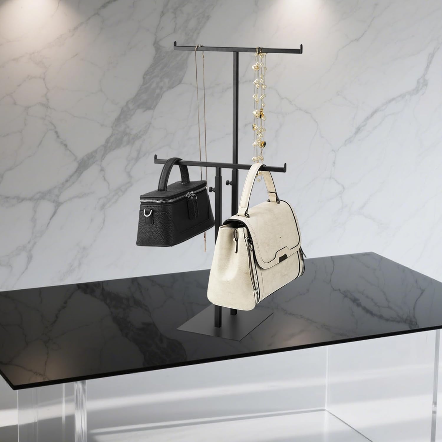 Purse Display Stand Jewelry Towers, Black Double T-Shaped Tabletop Stainless Steel Hook Hanging Adjustable Height Handbag Holder for Organizer Luxury Bags Necklaces Home Store Boutique Retail Closet - Image 4