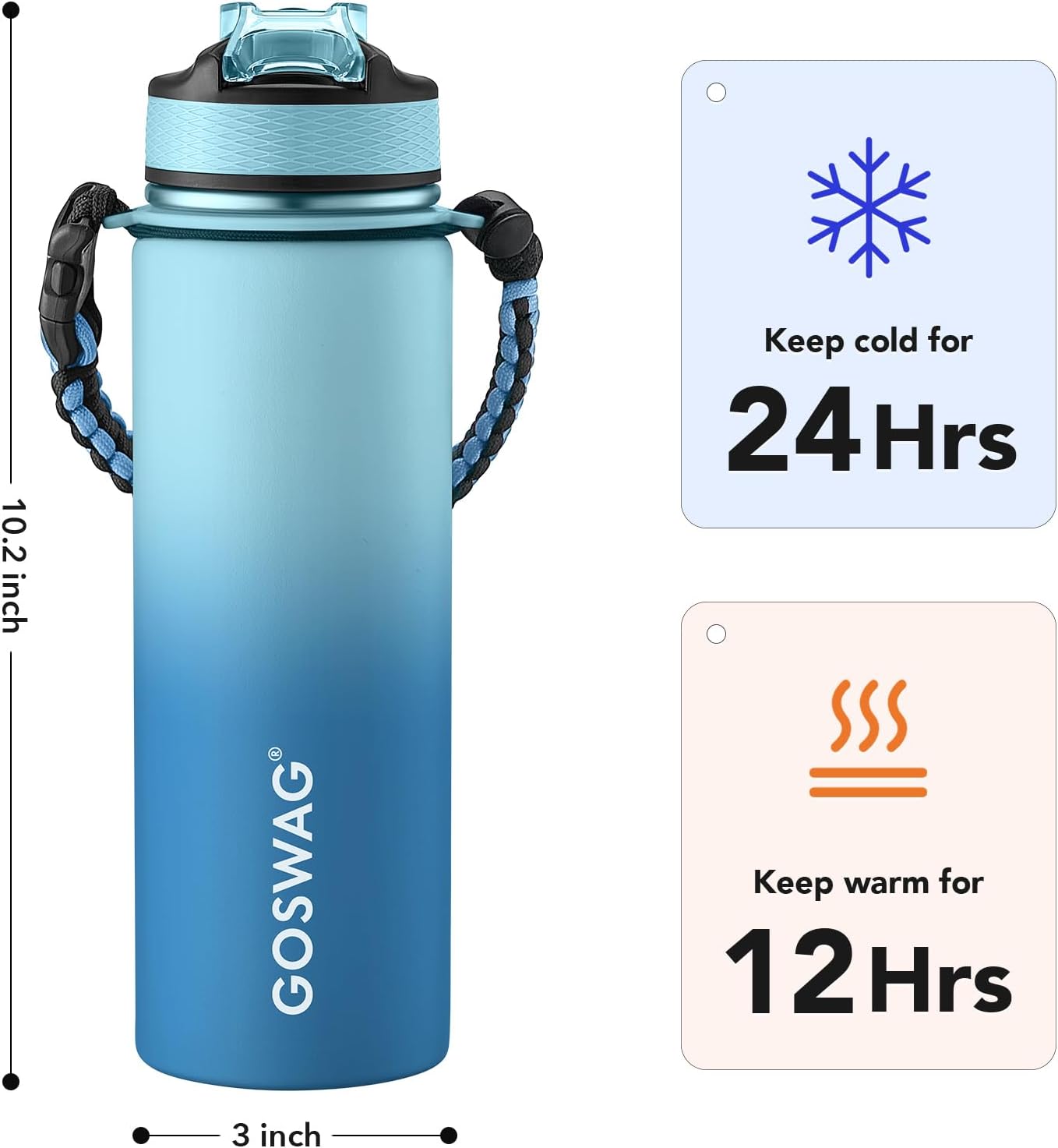  24oz Insulated Stainless Steel Travel Water Bottle, 2 Lids thumbnail
