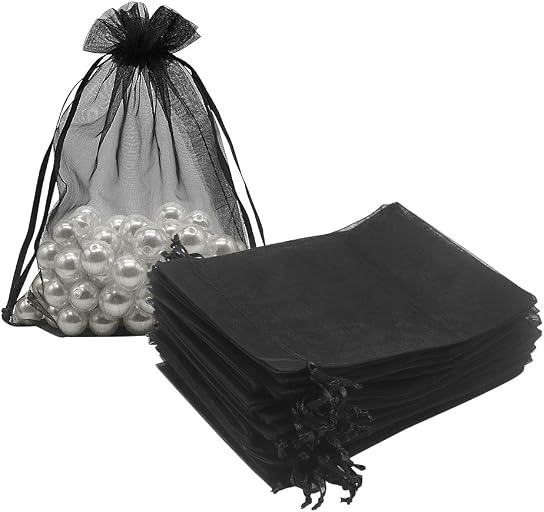 HRX Package 100pcs Mesh Organza Bags 5x7 in for Gift Giving (Black) | Sheer for Product Visibility, Easy-Close Drawstrings, Suitable for Jewelry, Candy, Crafts, Sachets, Wedding and Party Favors