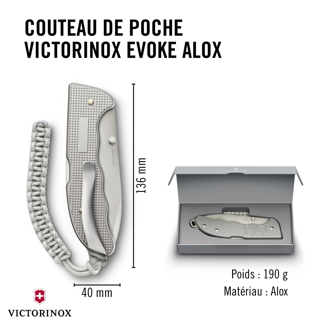 Victorinox Couteau Suisse Hunter Evoke Alox, Couteau Pliant Outdoor, 5 Fonctions, y c. Lame 10 cm et Attache en Paracorde, Argent