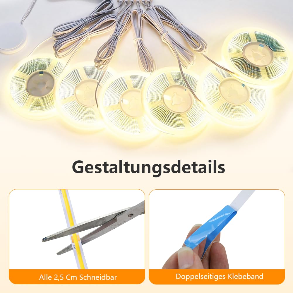 Aohcae Taśma LED 12 V COB, 6 rolek 1 m taśmy LED, panele akustyczne LED, dotykowe i ręczne przełączniki ściemniania do szafy, witryny, kuchni, regału i oświetlenia regału