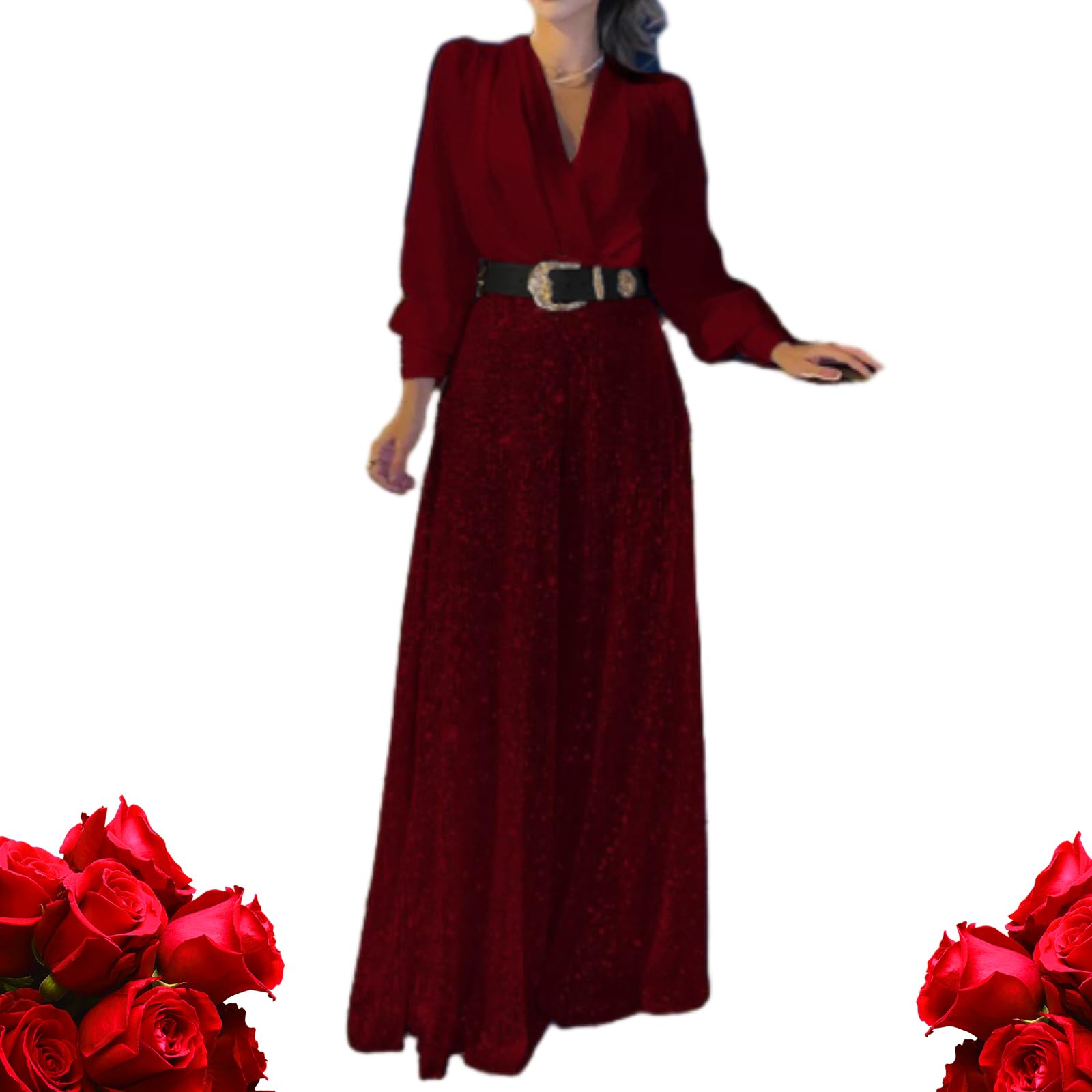 Gagfda Women's Dark Red Stylish Elegant Long Sleeve Sparkly Sequin Jumpsuit, Bling Sequin Playsuit V Neck Glitter Evening Party Wedding Wide Leg Jumpsuit With Belt (,Xxl)