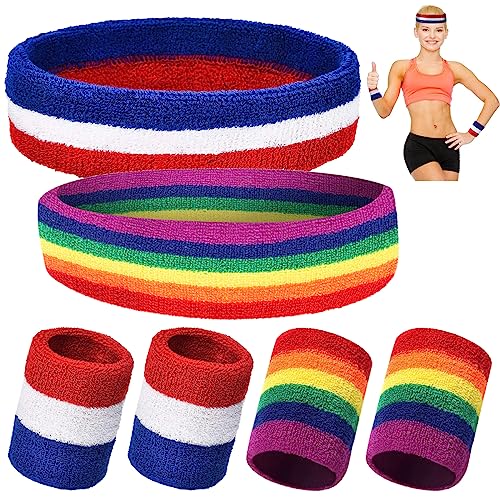 SamHeng 6 Pieces Sweatband Set, Colorful Striped 2 Pcs Sport Headbands and 4 Pcs Moisture Wicking Wristband for Men Women, Sweat Bands for Gym Tennis Football Running Athletic Exercise Fitness